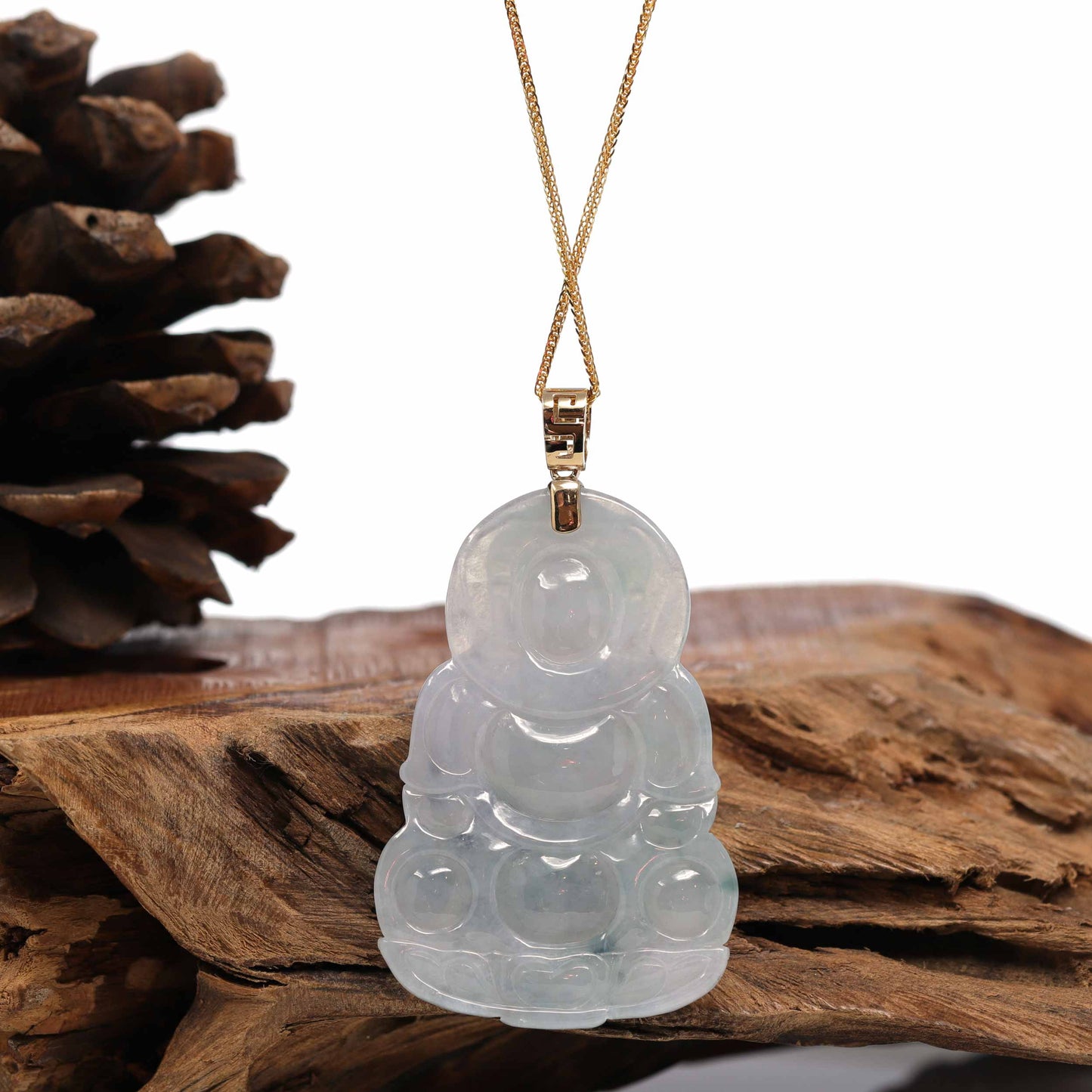 RealJade® 14k Yellow Gold "Goddess of Compassion" Genuine Burmese Jadeite Jade Guanyin Necklace With Good Luck Design