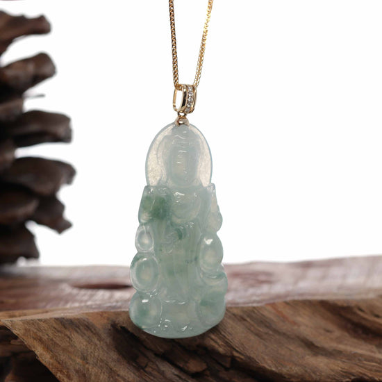 Load image into Gallery viewer, RealJade® Co. 14k Yellow Gold &amp;quot;Goddess of Compassion&amp;quot; Genuine Ice Burmese Jadeite Jade Guanyin Necklace With Gold Bail

