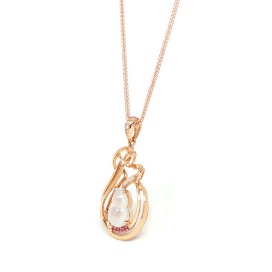 RealJade™ "Love Swan" 18k Rose Gold Ice Jadeite Jade Diamond Pendant Necklace