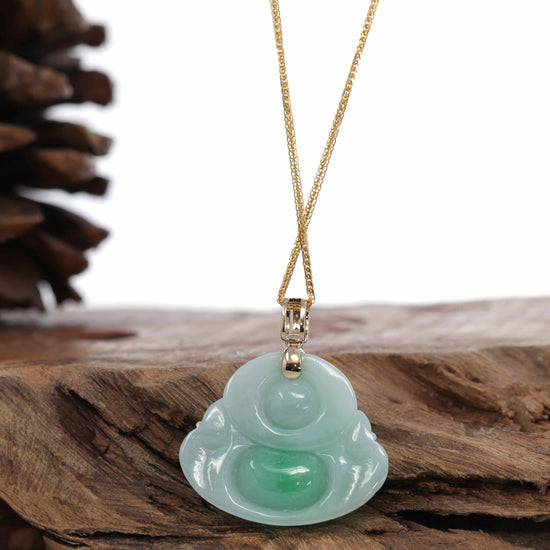 RealJade Co.® "Laughing Buddha" Genuine Green Jadeite Buddha Necklace With 14k Yellow Gold Diamond Bail-RealJade Co.® Happy Valley Oregon