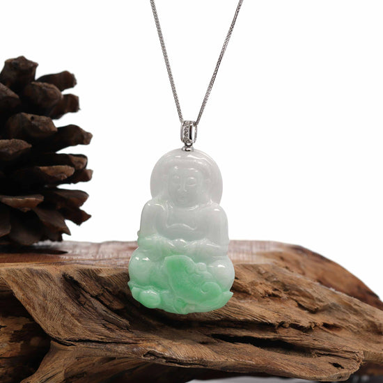 14k White Gold "Goddess of Compassion" Genuine Green Jadeite Jade Guanyin Necklace With Gold Diamond Bail