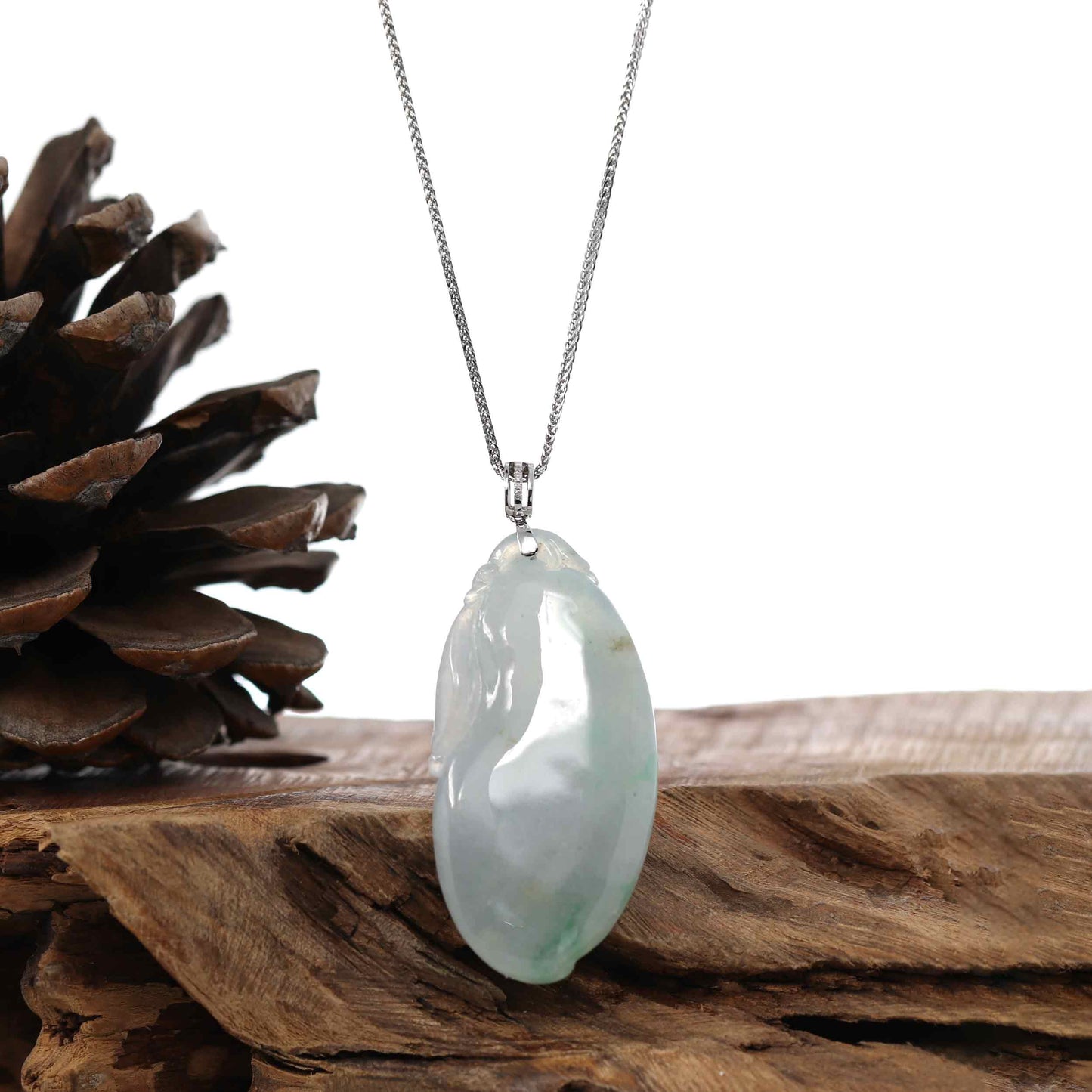 Natural Jadeite "Longevity Peach" ShouTao Necklace With 18k White Gold Diamond Bail