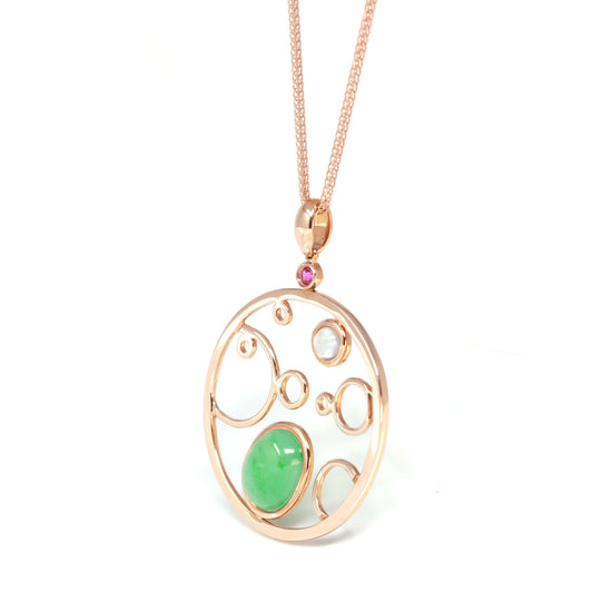 RealJade™ "Bubble Collection" 18k Rose Gold Genuine Burmese Jadeite Necklace With Diamonds