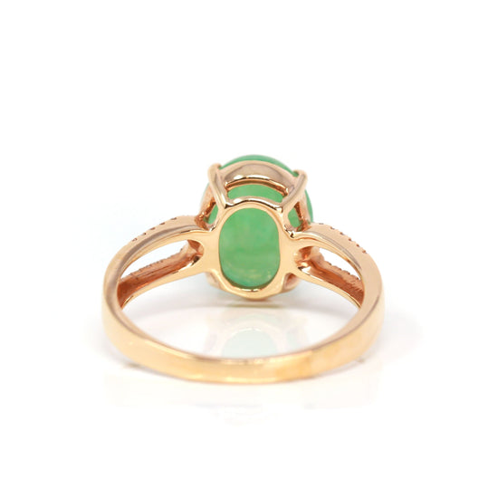 RealJade® "Imperial Cabochon" 18k Rose Gold Natural Gree Jadeite Ring With Diamonds