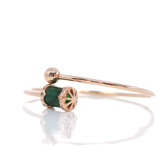 18k Rose Gold Lucky TongTong Jadeite jade Oval Bracelet Bangle W/ Diamonds