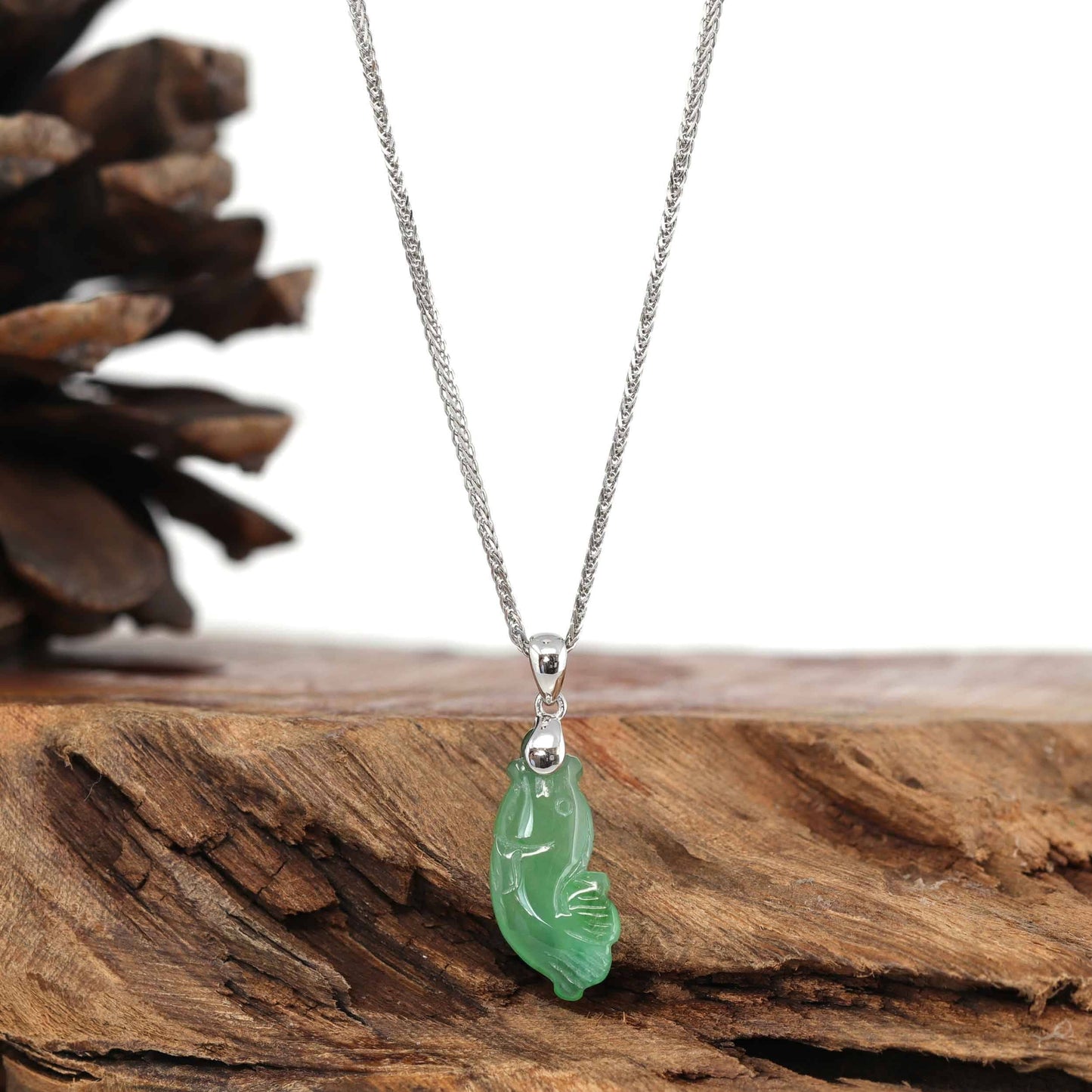 RealJade® "Prosperity Every Year (年年有鱼)" Lucky Fish Carving Pendant Necklace Natural Green Jadeite Jade JG154