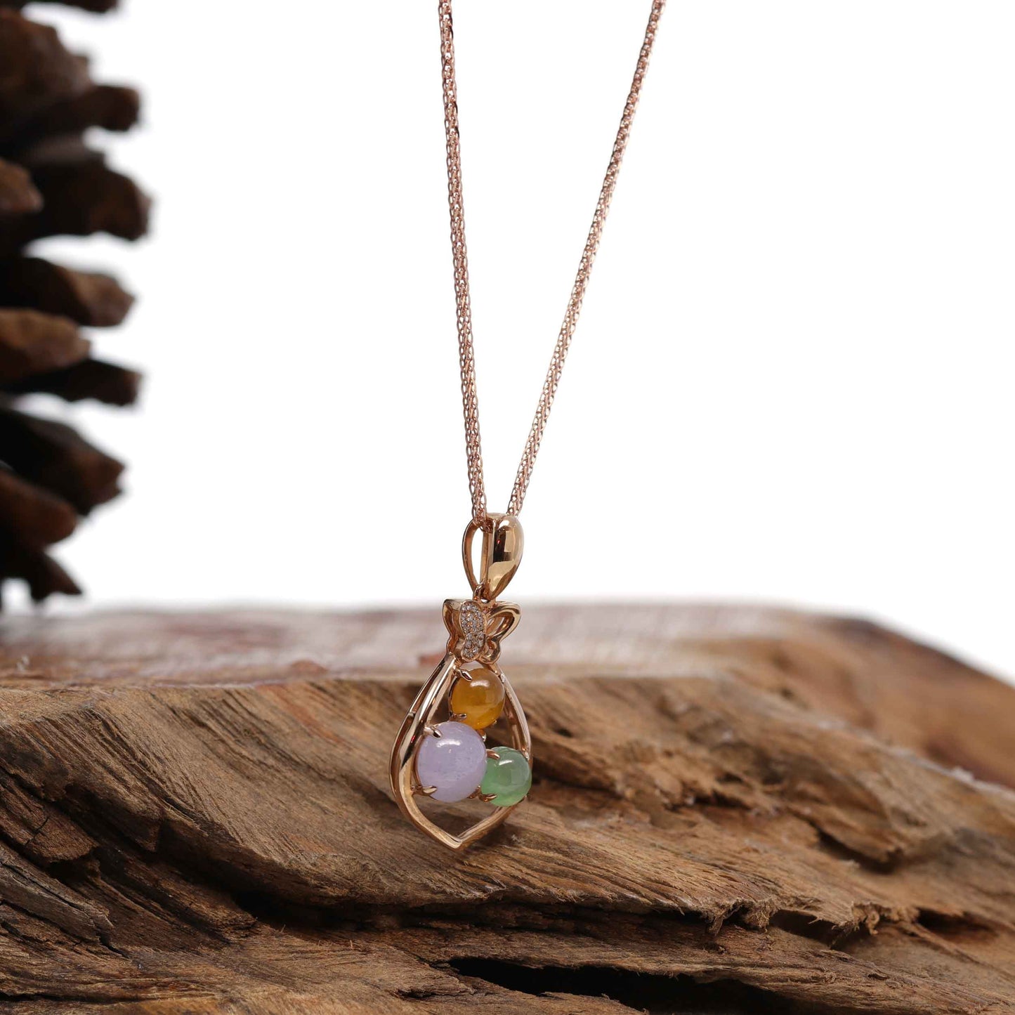 18K Rose Gold "Lucky Goodie Sack" Multi-Color Jadeite Jade Cabochon Necklace with Diamonds