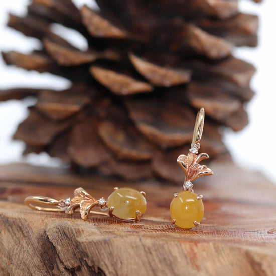18K Rose Gold "Ginkgo Leaf" Yellow Jadeite Jade Dangle Earrings