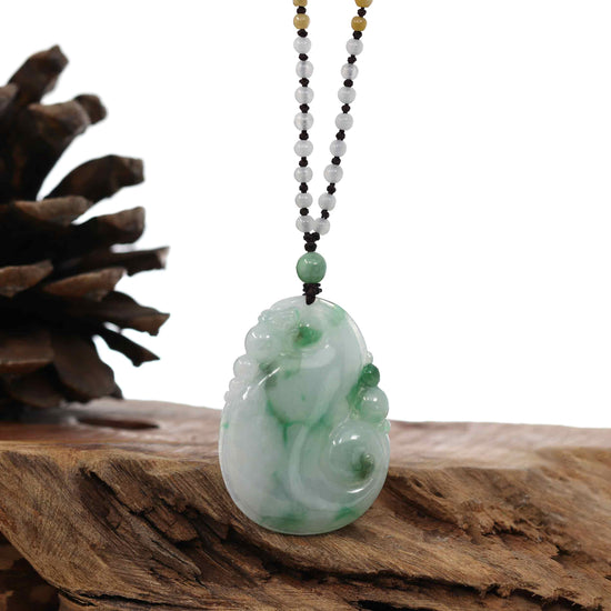 Genuine Green Jadeite Jade RuYi Pendant Necklace With Real Ice Jadeite jade Beads Necklace