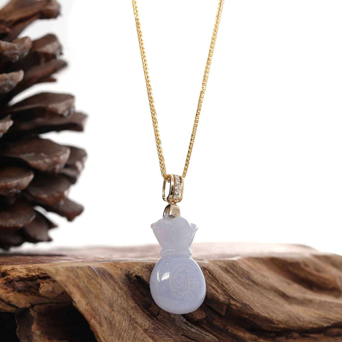 Natural Ice Lavender Jadeite Jade "Lucky Money Sack" Necklace With 14k Yellow Gold Diamond Bail