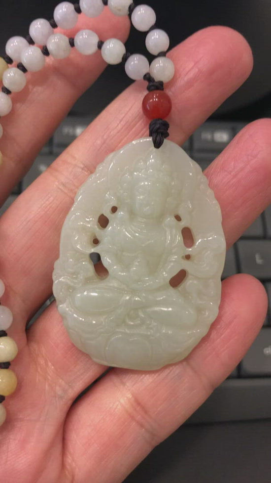 Load and play video in Gallery viewer, RealJade® &amp;quot;Goddess of Compassion: Guan Yin&amp;quot; Genuine HeTian White Nephrite Jade GuanYin Carving Pendant Necklace
