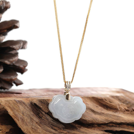 Load image into Gallery viewer, 14k Rose Gold Genuine Burmese Light Lavender Jadeite Happiness and Safety  (Fu &amp;amp; Pingan) Pendant Necklace
