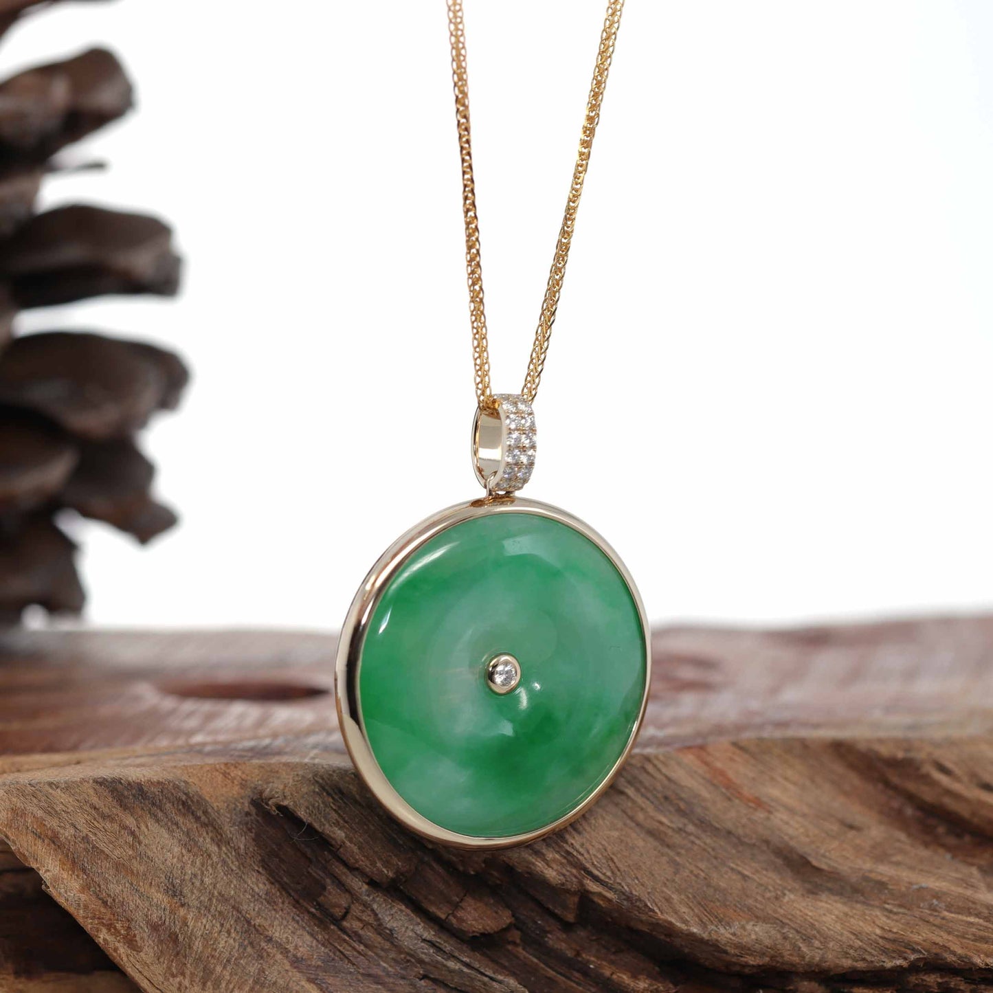 Load image into Gallery viewer, RealJade Co.® 14K Gold &amp;quot;Good Luck Button&amp;quot; Necklace White Jadeite Jade Lucky KouKou Pendant Necklace
