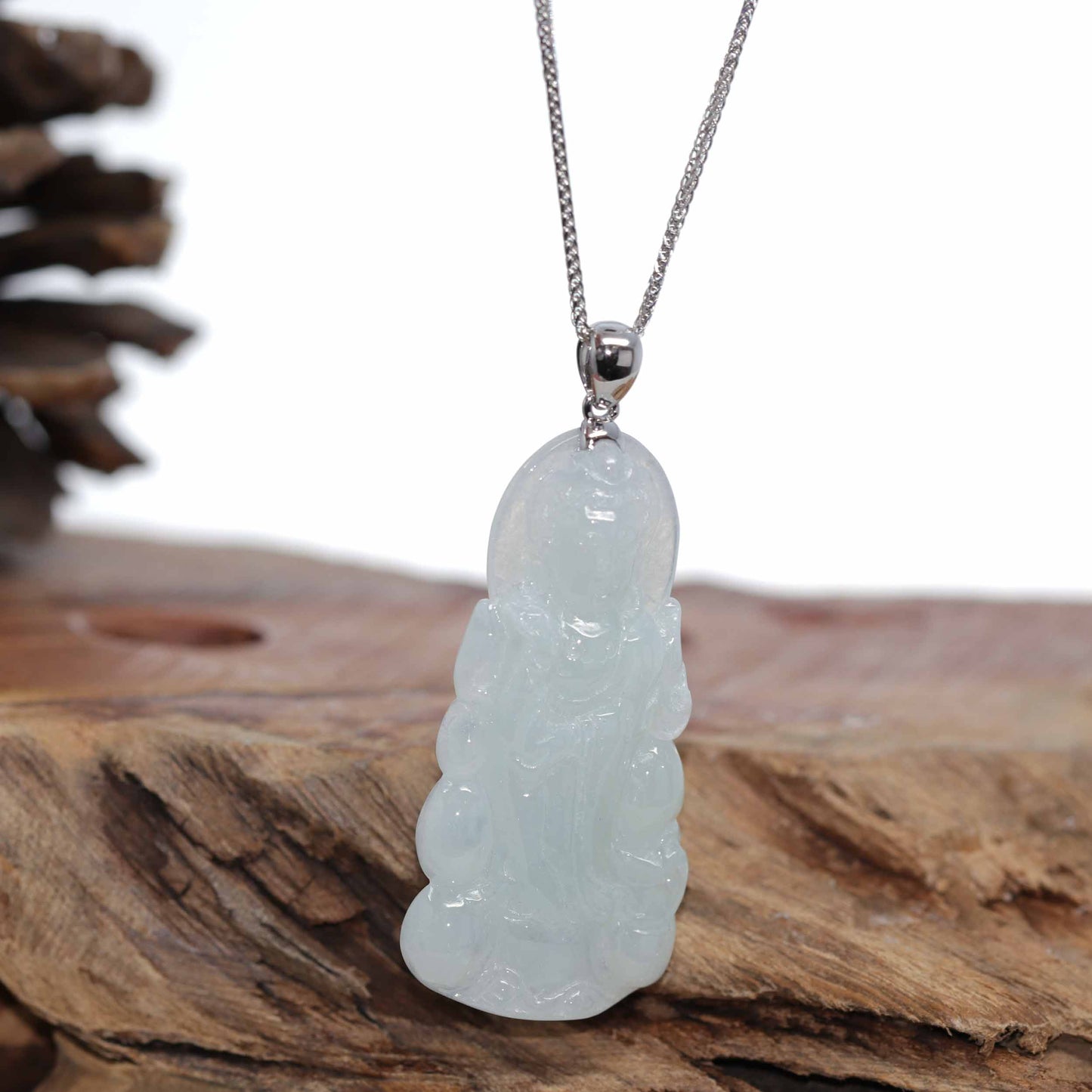 RealJade¨ 14k White Gold "Goddess of Compassion" Genuine Ice Burmese Jadeite Jade Guanyin Necklace With Gold Bail