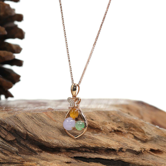 18K Rose Gold "Lucky Goodie Sack" Multi-Color Jadeite Jade Cabochon Necklace with Diamonds