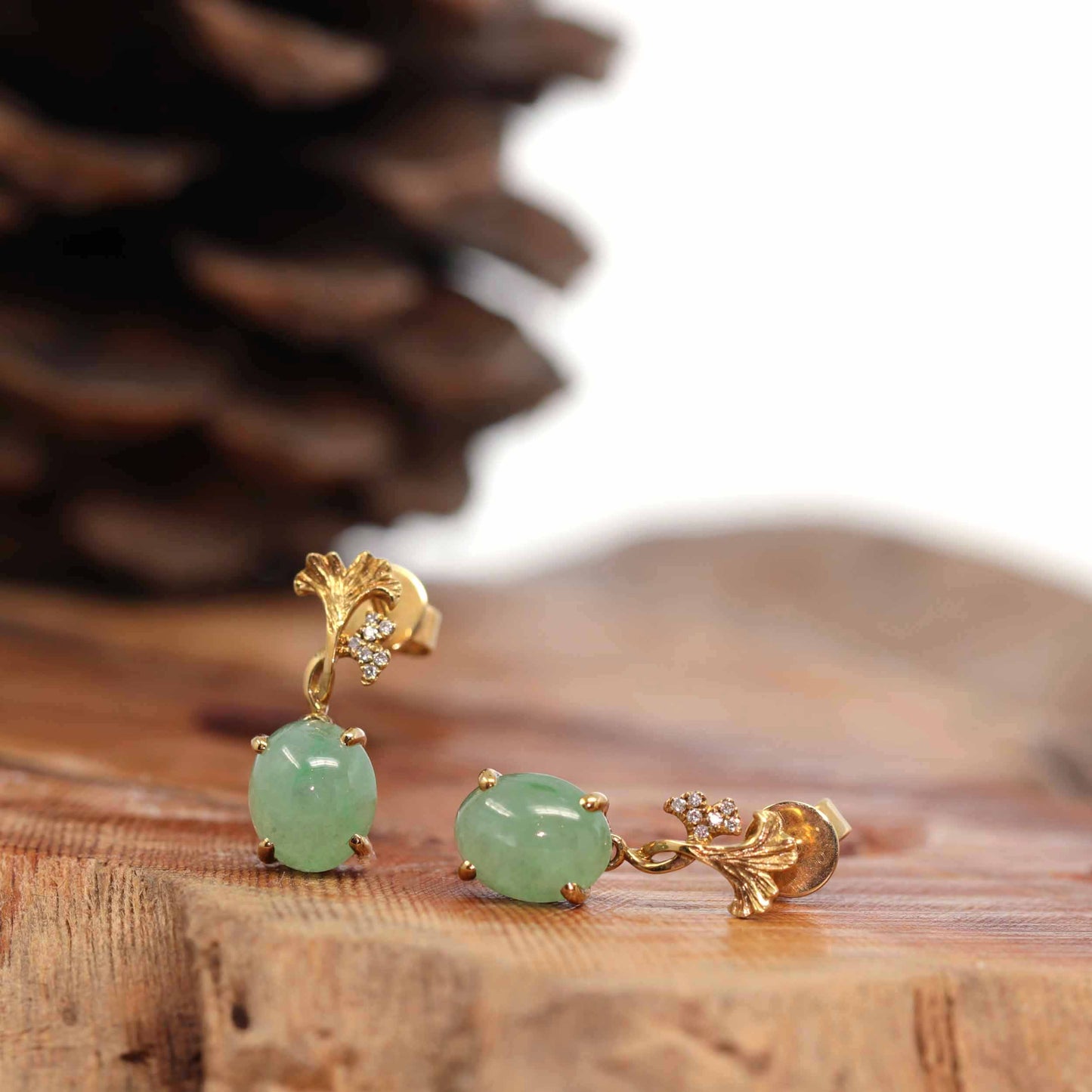 18K Rose Gold ""Ginkgo Leaf"" Green Jadeite Jade Dangle Stud Earrings