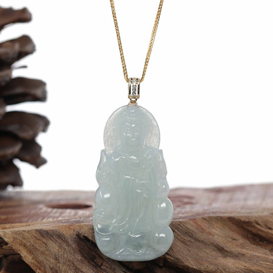 Load image into Gallery viewer, RealJade® 14k Yellow Gold &amp;quot;Goddess of Compassion&amp;quot; Genuine Ice Burmese Jadeite Jade Guanyin Necklace With Gold Bail
