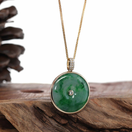 Load image into Gallery viewer, RealJade Co.® 14K Gold &amp;quot;Good Luck Button&amp;quot; Necklace White Jadeite Jade Lucky KouKou Pendant Necklace
