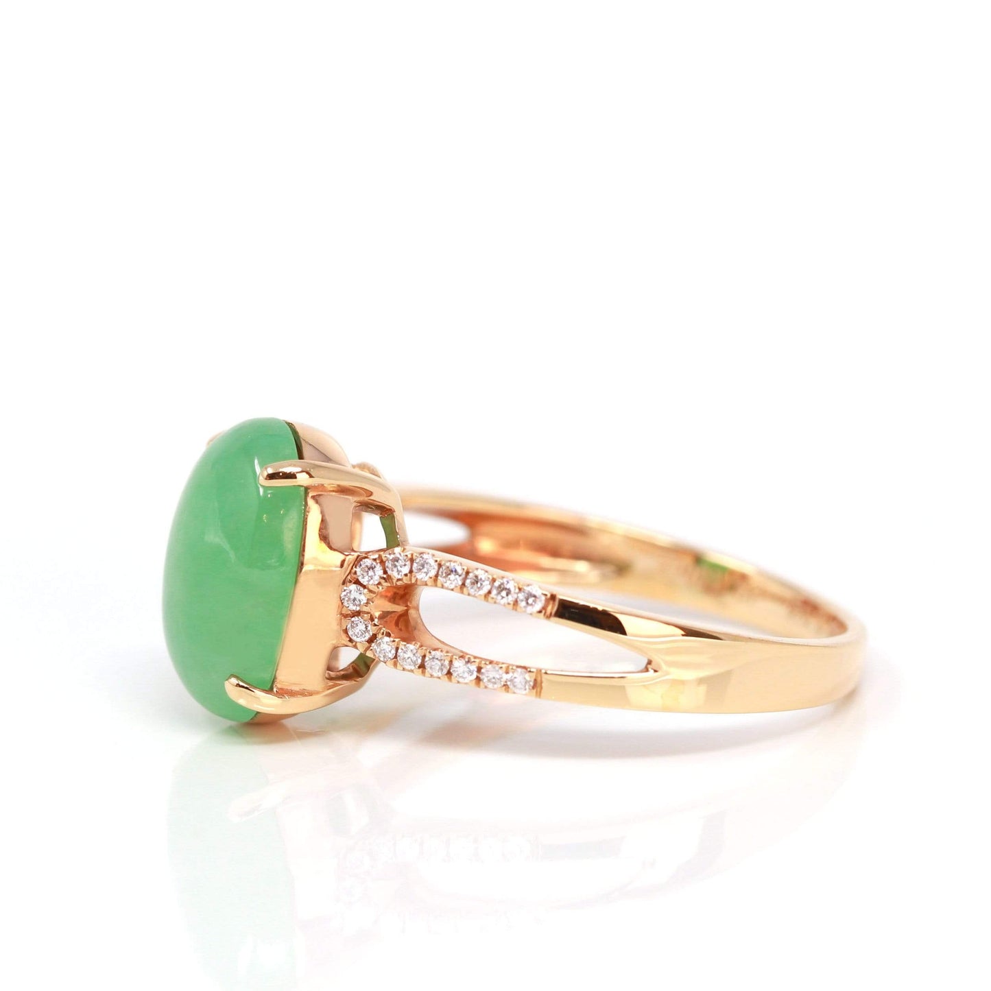 RealJade® "Imperial Cabochon" 18k Rose Gold Natural Gree Jadeite Ring With Diamonds