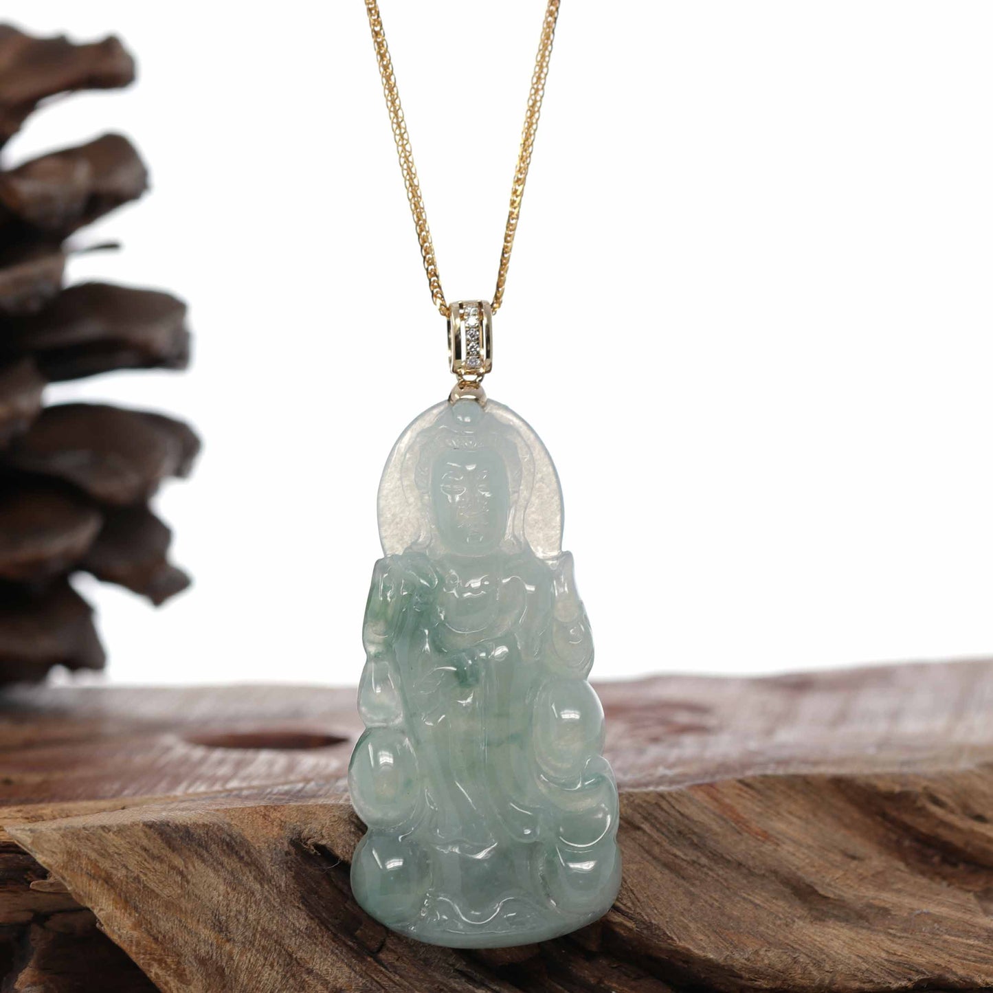 Load image into Gallery viewer, RealJade® Co. 14k Yellow Gold &amp;quot;Goddess of Compassion&amp;quot; Genuine Ice Burmese Jadeite Jade Guanyin Necklace With Gold Bail
