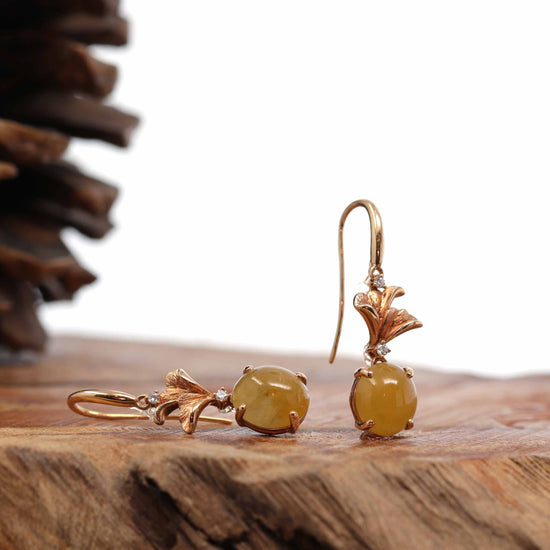 Load image into Gallery viewer, 18K Rose Gold &amp;quot;Ginkgo Leaf&amp;quot; Yellow Jadeite Jade Dangle Earrings
