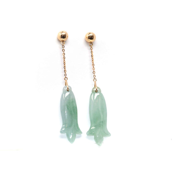 Load image into Gallery viewer, 18K Rose Gold &amp;quot;Magnolia Flower&amp;quot; Green Jadeite Jade Dangle Stud Earrings
