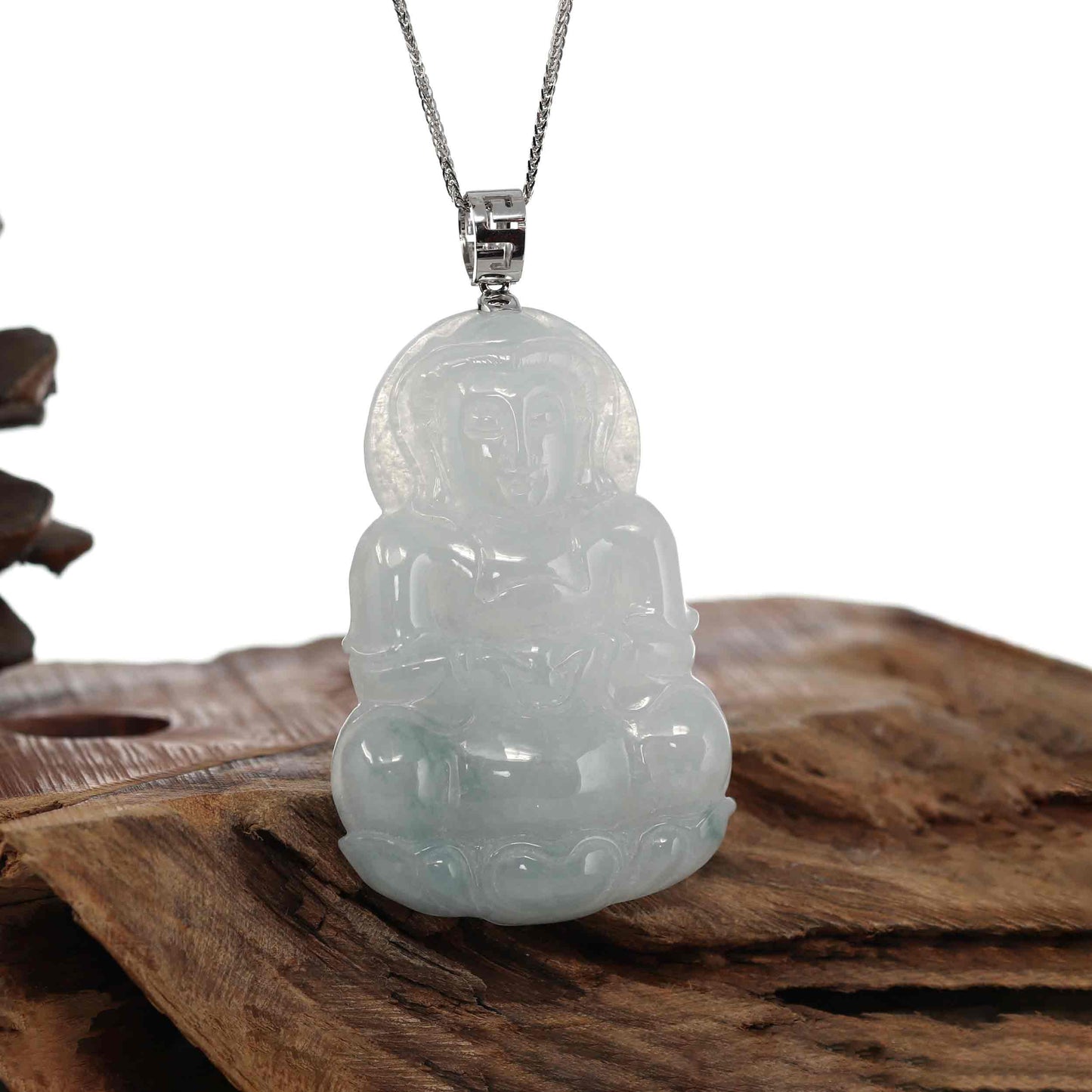RealJade® "Goddess of Compassion" Genuine Burmese Ice Blue Jadeite Jade Guanyin Necklace With Good Luck Design 14K Gold  Bail