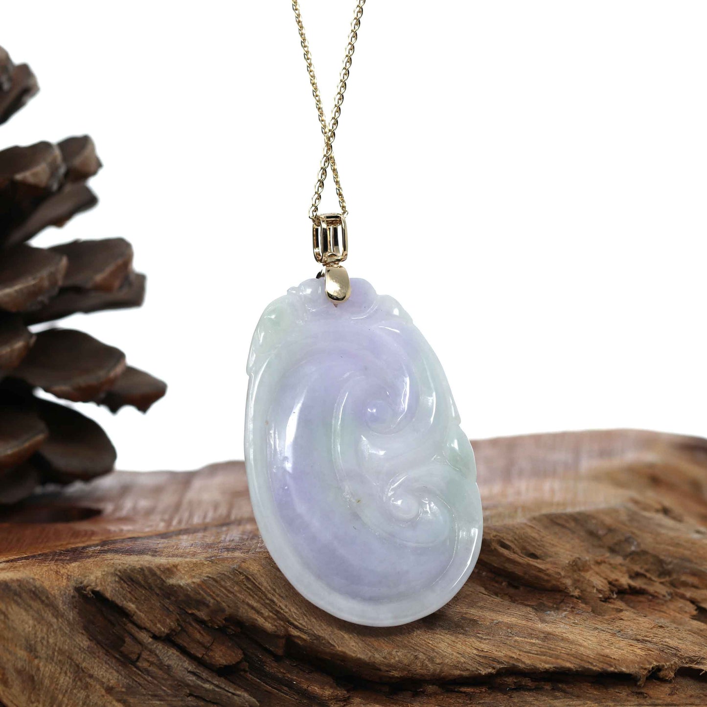 Load image into Gallery viewer, RealJade Co. Jade Guanyin Pendant Necklace &amp;quot;Wang Shi Ru Yi&amp;quot; Genuine Lavender Green Jadeite Jade Pendant Necklace With 14K Yellow Gold Diamond Bail
