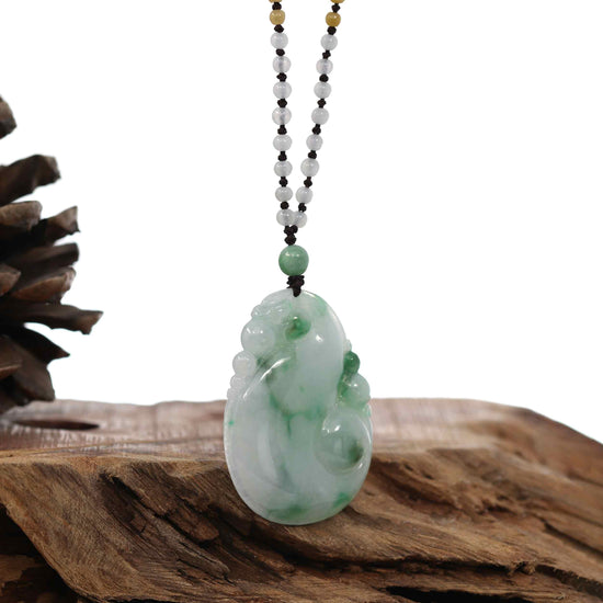 Genuine Green Jadeite Jade RuYi Pendant Necklace With Real Ice Jadeite jade Beads Necklace
