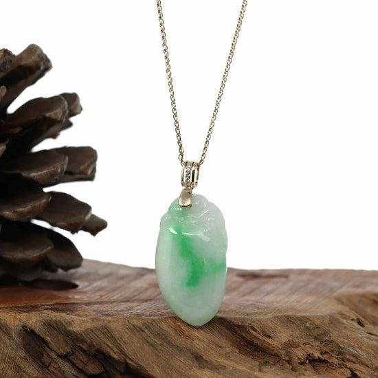 Load image into Gallery viewer, RealJade® Co. Jade Pendant Pendant Only Natural Green Jadeite Jade Shou Tao (Longevity Peach) Necklace With 14k Yellow Gold Diamond Bail
