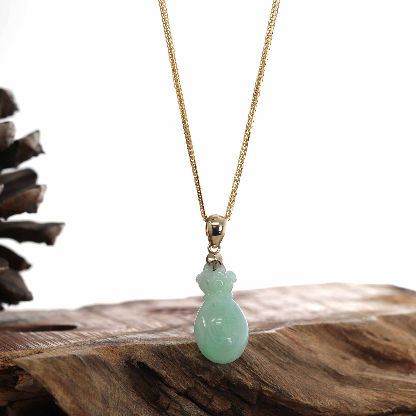 Natural Green Jadeite Jade "Magic Bottle Gourd" Hulu Necklace With 14k Yellow Gold Bail