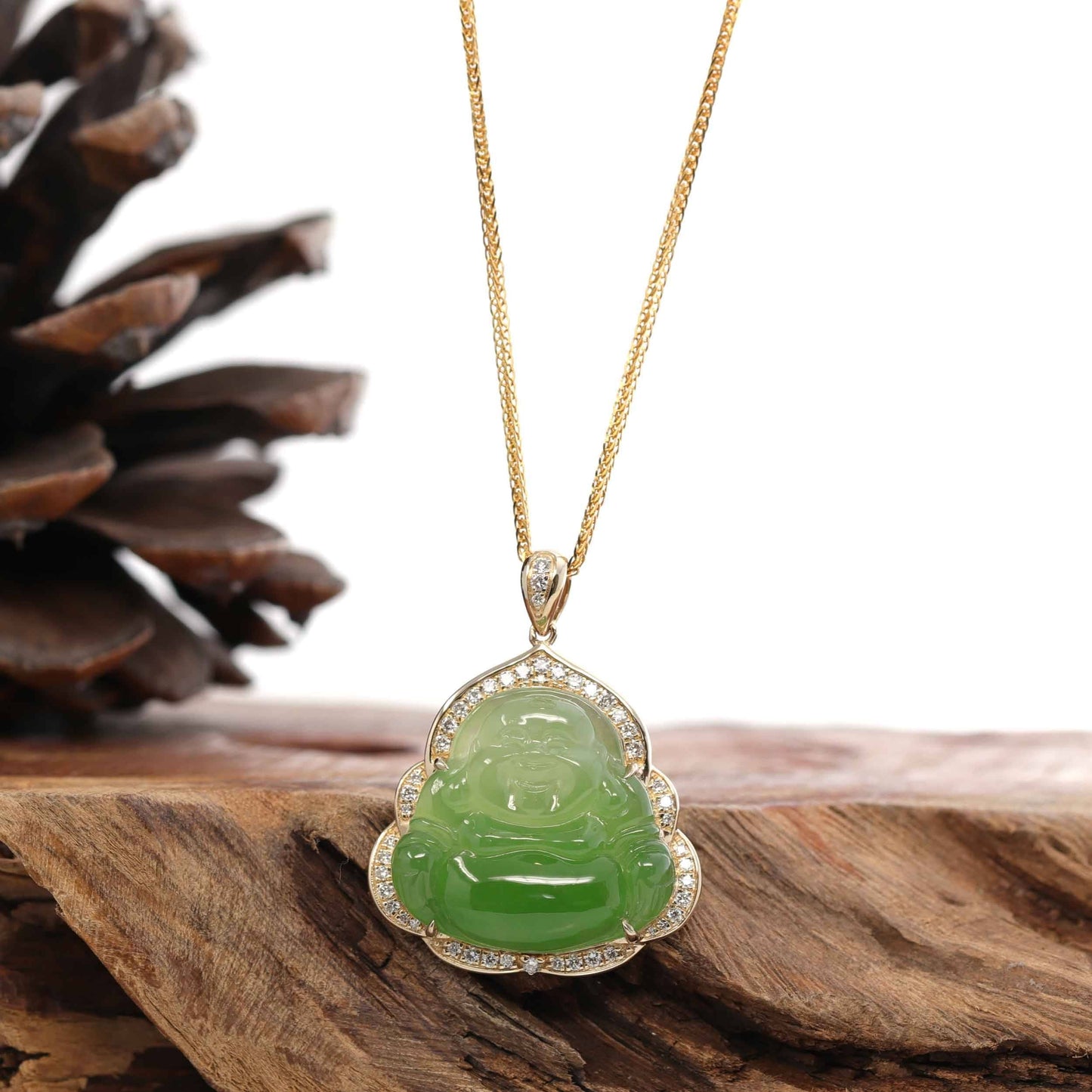 RealJade® "Laughing Buddha" 14k Gold Genuine Nephrite Apple Green Jade with 1/3 cttw VS1 Diamonds