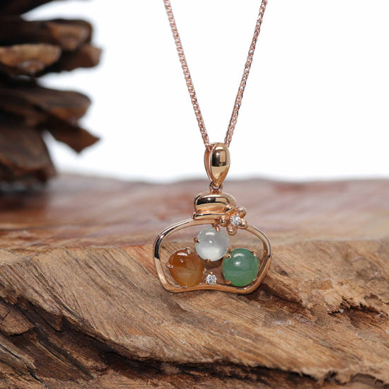 18K Rose Gold "Lucky Goodie Bottle" Multi-Color Jadeite Jade Cabochon Necklace with Diamonds