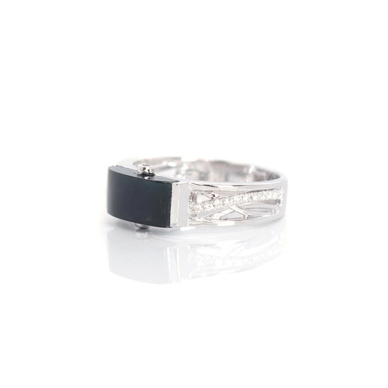 RealJade¨ "Classic Emerald Style" Genuine Burmese Emerald Cut Black Jadeite Jade Engagement Ring