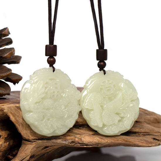 RealJade¨™ "Dragon & Phoenix" Genuine HeTian White Nephrite Jade Pendant Necklace