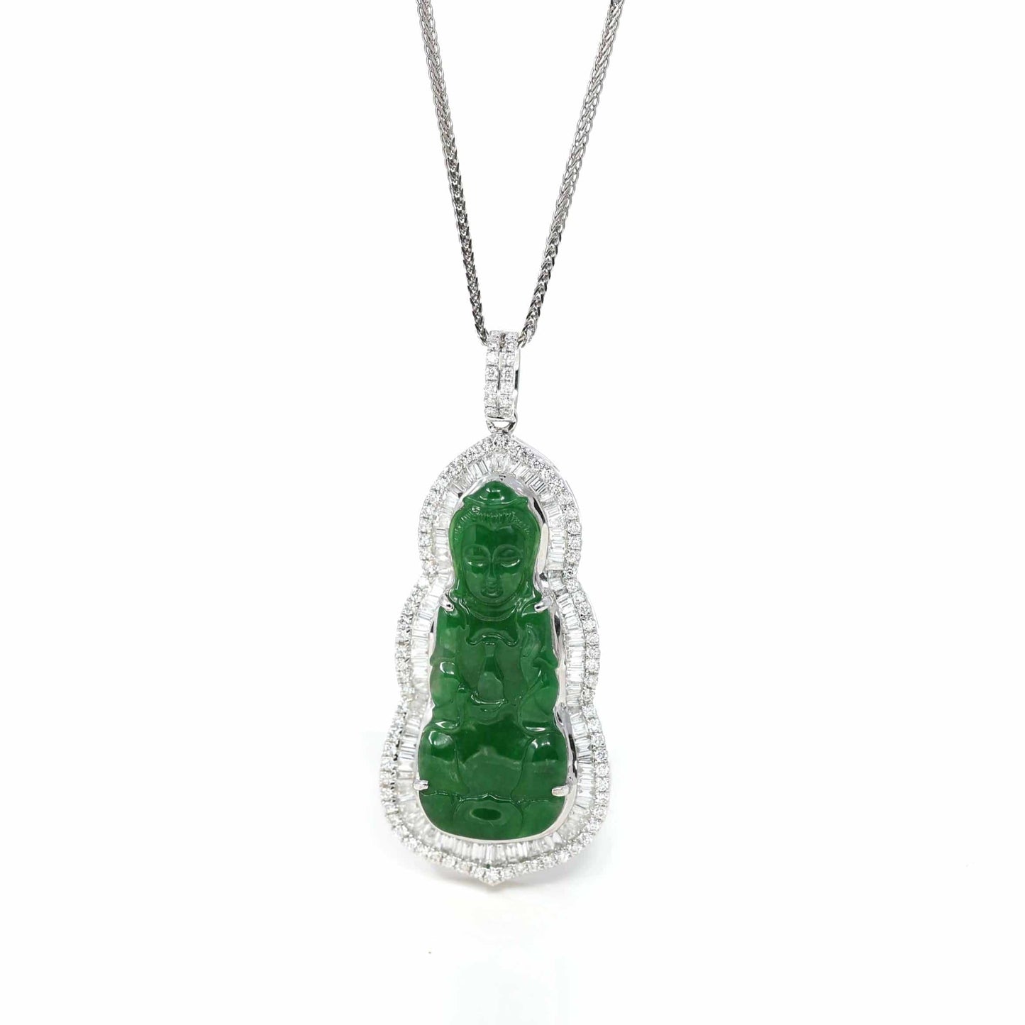 Load image into Gallery viewer, RealJade Co. 18k Gold Jadeite Necklace 18K White Gold High-End Imperial Jadeite Jade &amp;quot;Goddess of Compassion&amp;quot; Guan Yin Necklace with Diamonds
