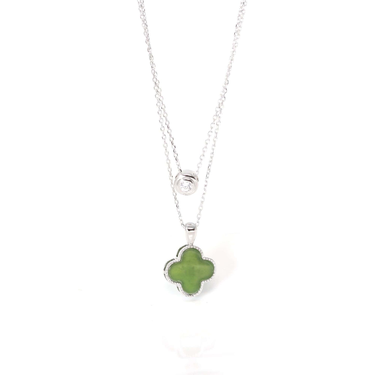 RealJade® Sterling Silver Real Green Nephrite Jade Lucky Four Leaf Pendant Necklace