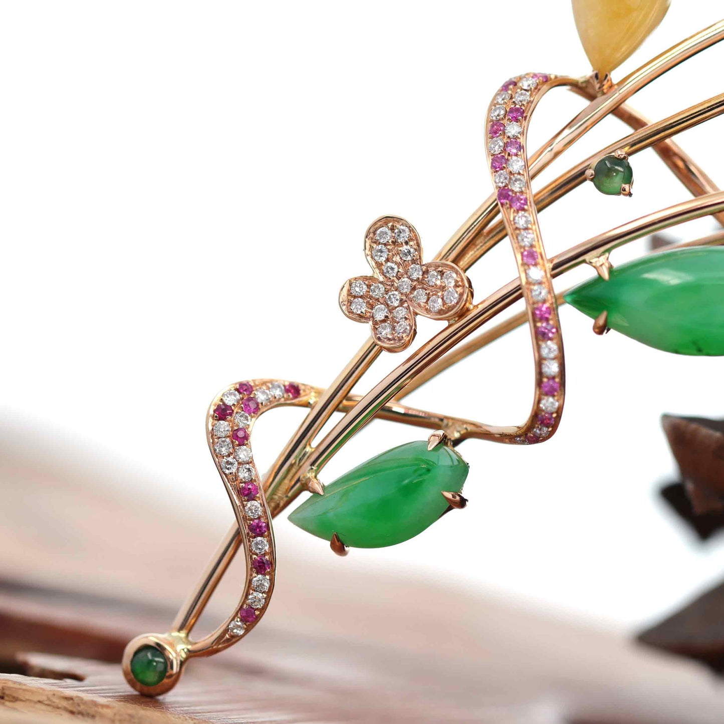 RealJade® Co. High-End 18K Rose Gold Genuine Imperial Jadeite Jade Pendant & Brooch with Diamonds