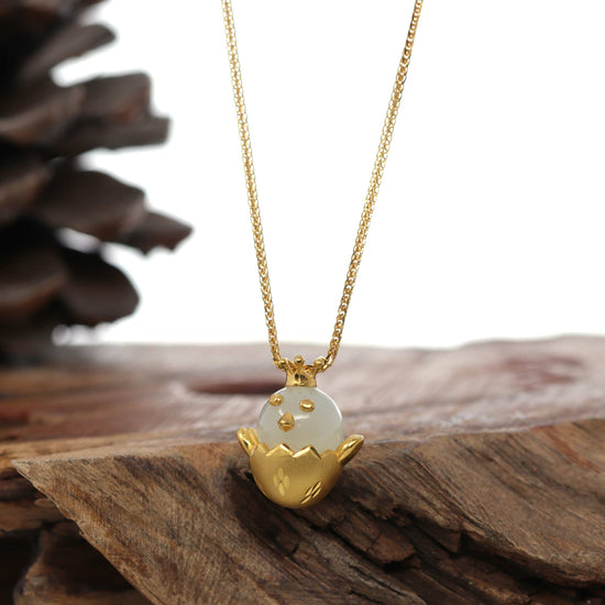 24k Yellow Gold Genuine Nephrite White Jade Chicken Pendant Necklace