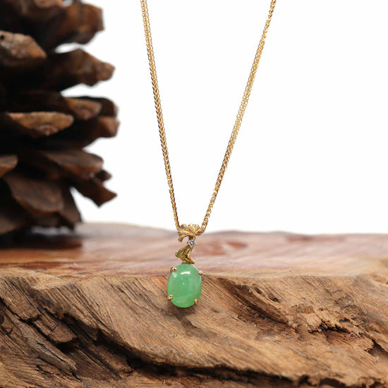 18K Yellow Gold "Ginkgo Leaf" Oval Apple Green Jadeite Jade Cabochon Necklace with Diamonds