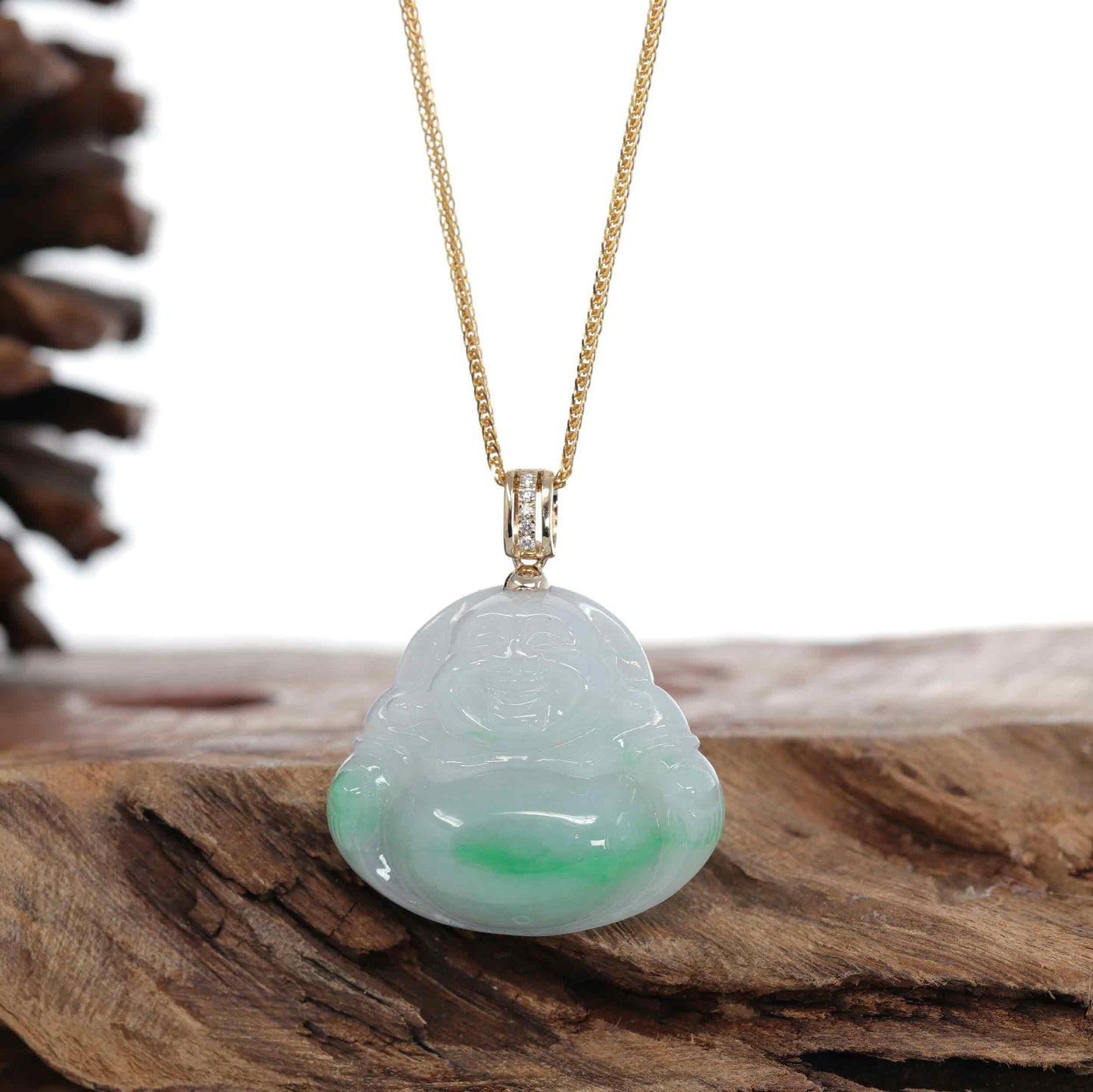 Load image into Gallery viewer, RealJade Co.® &amp;quot;Laughing Buddha&amp;quot; Genuine Green Jadeite Buddha Pendant Necklace With 14k Yellow Gold Diamond Bail-RealJade Co.® Happy Valley Oregon
