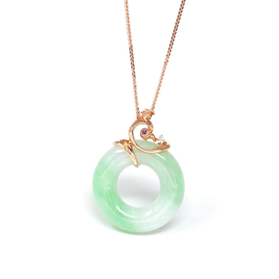 RealJade® "Good Luck Birdie" 18k Rose Gold Genuine Burmese Jadeite Lucky Pendant Necklace With AA Ruby & Diamond