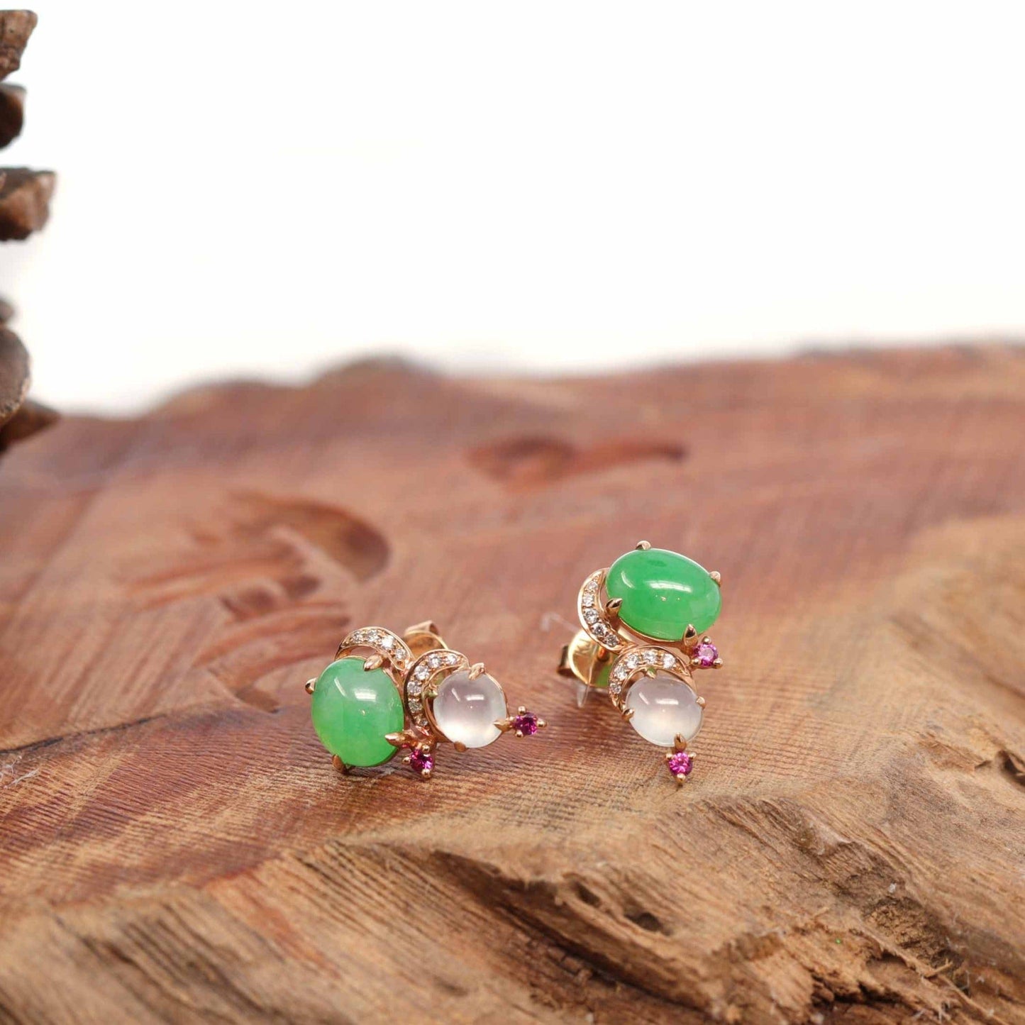 Load image into Gallery viewer, 18K Rose Gold Multi Color Jadeite Jade Stud Earrings, Real jade jadeite Jewelry, happy Valley, Oregon, RealJade Co.® Jewelry
