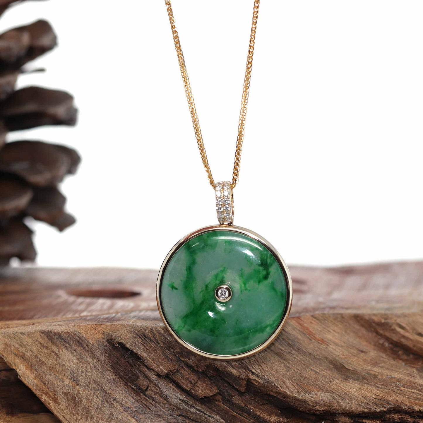 Load image into Gallery viewer, RealJade® Co. 14K Gold &amp;quot;Good Luck Button&amp;quot; Necklace White Jadeite Jade Lucky KouKou Pendant Necklace
