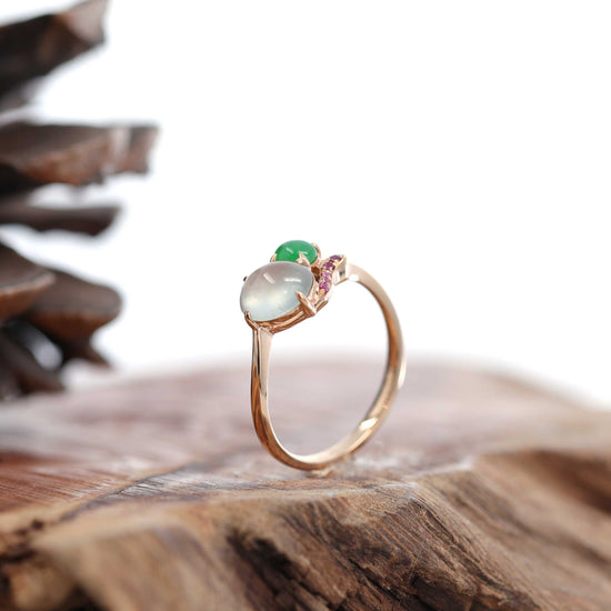 RealJade Co.® "Elora" 18k Rose Gold Natural Ice & Imperial Jadeite Engagement Ring With Rubies & Diamonds-RealJade Co.® Happy Valley Oregon