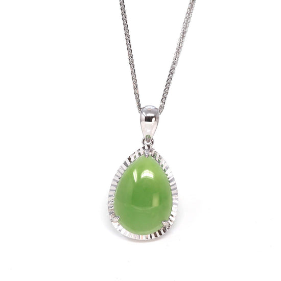 14K Gold Genuine Green Nephrite Apple Green Jade Tear Drop Diamond Cut Setting Pendant Necklace