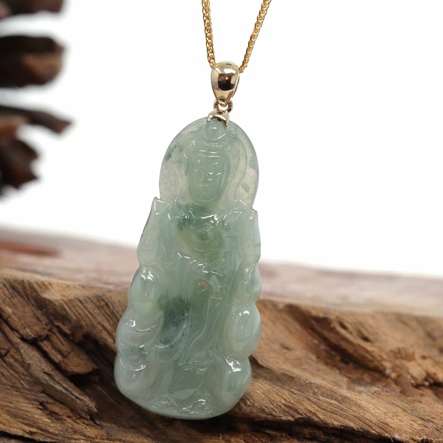 RealJade 14k White Gold "Goddess of Compassion" Genuine Ice Blue Green Burmese Jadeite Jade Guanyin Necklace With Good Luck Design