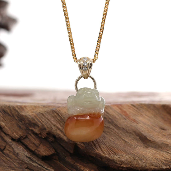 14k Yellow Natural Jadeite Jin Chan "Money Toad" Necklace With 14k Yellow Gold Diamond Bail