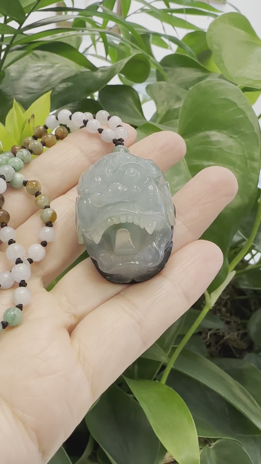 Load and play video in Gallery viewer, RealJade® &amp;quot;Demon Hunter&amp;quot; (Oni) Natural Blue Green Ice Jadeite Jade Necklace Collectibles
