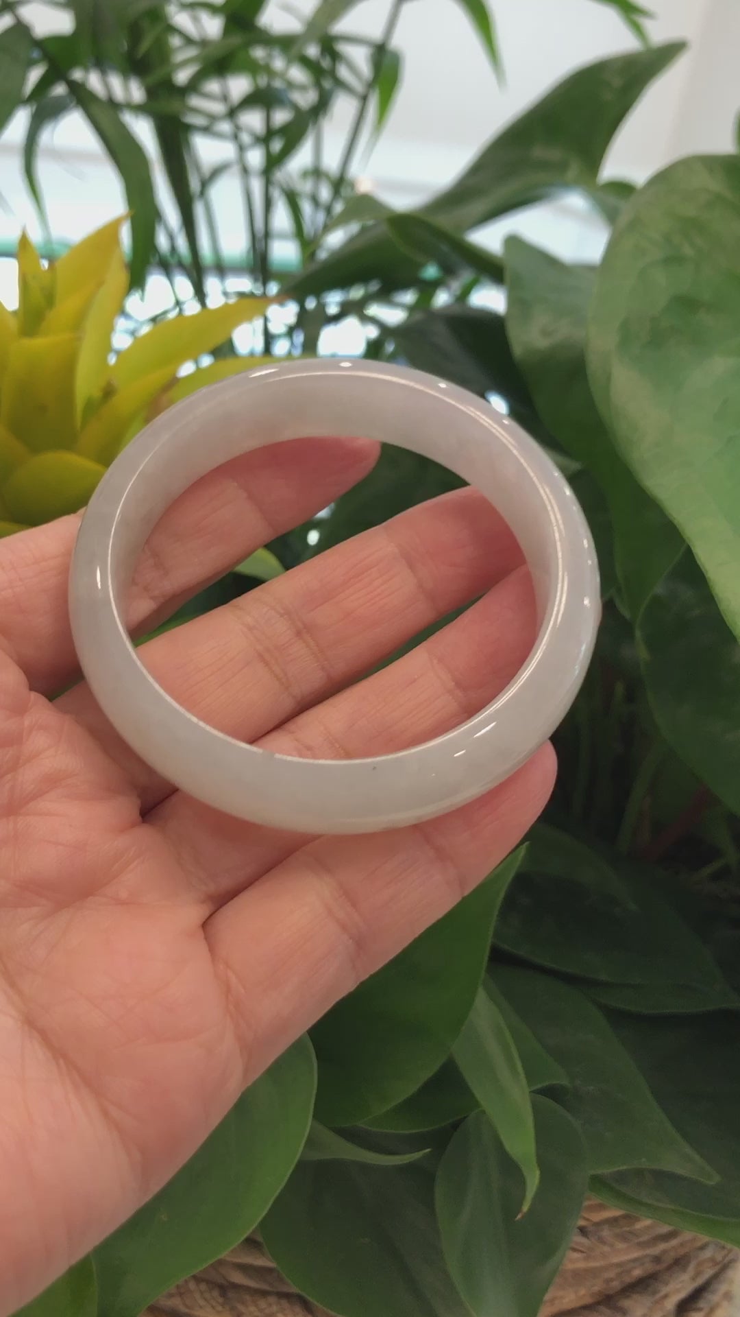 Load and play video in Gallery viewer, &amp;quot;Princess Half Round&amp;quot; Burmese White- Green Jadeite Jade Bangle Bracelet (57.48 mm) #672
